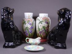 MILK GLASS VASES, a near pair, floral decorated, 29cms H, a pair of black Staffordshire dogs and a