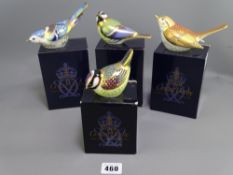 ROYAL CROWN DERBY BIRD PAPERWEIGHTS with gold stoppers, mountain blue bird, great tit and two