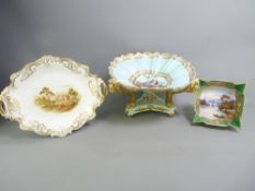 THREE HIGHLY DECORATIVE CABINET ITEMS including an early Derby comport, bird decorated on Lion