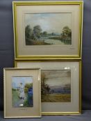 THREE VICTORIAN WATERCOLOURS - DAVID WOODLOCK - young girl on a riverside path, 24.5 x 16.5cms, HUGH