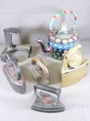 FOUR CAST VINTAGE FLAT IRONS, shoe last and lidded kettle