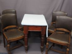 VINTAGE FORMICA TOP FARMHOUSE KITCHEN TABLE and four rexine seated chairs, 75.5cms H, 82cms L, 53cms