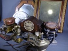 GILT FRAMED & OTHER DECORATIVE WALL MIRRORS, polished mantel clock, electroplate and copperware ETC