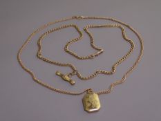 9CT GOLD STAMPED FOB CHAIN and a fine link necklace, the fob with unmarked yellow metal T bar, the