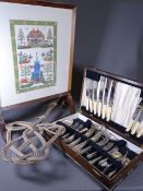 CUTLERY - polished wooden canteen case with mainly bone handled contents, firescreen and an old