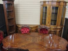 ITALIAN INLAID DINING ROOM SUITE consisting of table and six chairs, glaze top display and