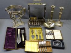 SHEFFIELD PLATE, EPNS WARE, cased cutlery and a vintage oak and brass tantalus (minus bottles)