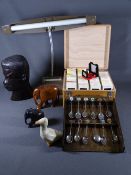 CARVED BUST OF AN AFRICAN MAN, spoon rack with souvenir spoons, carved animals, vintage anglepoise