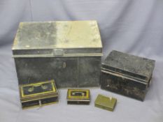FIVE VINTAGE DOCUMENT/CASH BOXES, 41.5cms H, 68.5cms W, 46cms D the largest