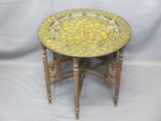 INDIAN CARVED HARDWOOD & DECORATIVE BRASS TOP TABLE, 52cms H, 59cms D