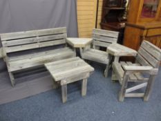 SIX PIECE RUSTIC GARDEN FURNITURE SET consisting of bench, two armchairs, table and corner slot-on