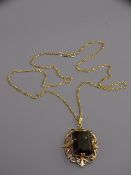 9CT GOLD MOUNTED SMOKY QUARTZ PENDANT, fine link necklace, 27cms overall Length