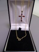 9CT GOLD GARNET SET CROSS and fine link necklace, 28cms total L