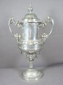 EPNS TROPHY - twin-handled with lid, 38cms H
