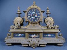 FRENCH MANTEL CLOCK with black painted dial, flanking finials and floral paint decoration