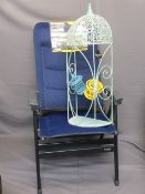 AS NEW, FOLDING GARDEN ARMCHAIR, metal dome top stand and two wicker bird feeders