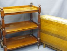 CIRCA 1900 MAHOGANY DUMBWAITER, 106cms H, 88cms W, 44cms D and a vintage oak drop-leaf dining table,