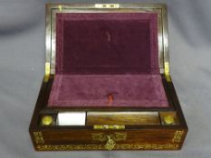 VICTORIAN ROSEWOOD & BRASS INLAID WRITING SLOPE with inset brass carry handles and interior velvet