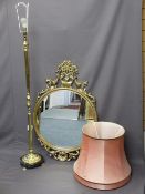 GILT METAL MARBLE BASED STANDARD LAMP & SHADE and Rococo style gilt framed wall mirror, 107cms H,