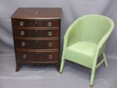 REPRODUCTION MAHOGANY BOW FRONT CHEST, 76cms H, 61cms W, 44.5cms D and a Lloyd Loom style