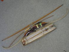 ARCHERY ITEMS - two vintage longbows, another modern labelled 'Cobra' and a quantity of arrows