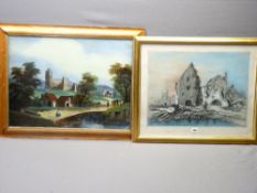 VICTORIAN REVERSE PAINTING ON GLASS depicting a castle and lane with figures, and LIZZIE WILSON