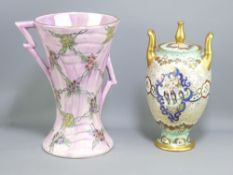 ROSENTHAL TWIN-HANDLED VASE & COVER, profusely decorated with a front ribbon cartouche of birds