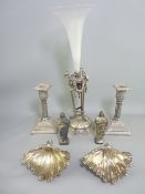 SINGLE FLUTE EPERGNE STAND, other EPNS and metalware to include a pair of white metal shell shaped