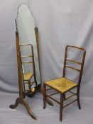 VINTAGE BEVELLED EDGE CHEVAL MIRROR and a cane seated bedroom chair