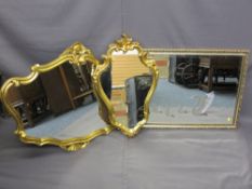 THREE GILT FRAMED WALL MIRRORS, two being Rococo style, the other etched with swans, various