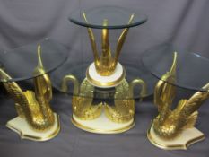 GILT SWAN BASED GLASS TOP TABLE ENSEMBLE to include two large swan examples, 75cms H
