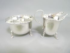 BIRMINGHAM SILVER CREAM JUG & SUGAR BASIN dated 1935/6, makers Adie Brothers, castellated rims and