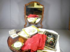 MAHOGANY TEA TRAY with crossband and inlay detail and a shield shaped toilet mirror, quantity of