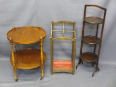 FOUR SECTION STICKSTAND, folding mahogany cake stand and a reproduction two-tier circular occasional