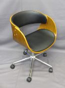 ULTRA STYLISH MODERN SWIVEL OFFICE CHAIR, teak bentwood and black leather effect seat and back on