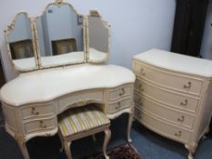 FRENCH STYLE PAINTED PART BEDROOM SUITE of triple mirror kidney shaped dressing table and stool