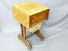 VICTORIAN ROSEWOOD WORK TABLE, twin-flap with deep single end drawer and lower wool box on