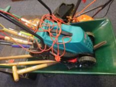 FLYMO, BLACK & DECKER, BOSCH GARDEN ELECTRICALS and wheelbarrow with hand tool contents E/T along