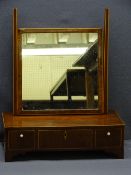 BOXWOOD STRUNG REGENCY MAHOGANY TOILET MIRROR on a three drawer box base (screw mounts and finial