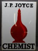VINTAGE PERSPEX 'J P JOYCE' CHEMIST SHOP SIGN, rectangular white with central red chemist's carboy