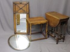 NEAT BARLEY TWIST OAK GATE-LEG TABLE, one other table and two oak framed vintage mirrors, various