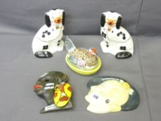 STAFFORDSHIRE WARE, pottery wall masks, a quantity including a colourful hen on nest, pair of Arthur