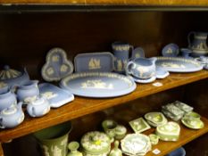WEDGWOOD BLUE JASPERWARE, 29 pieces including miniature cabinet teaware, candlesticks, jugs, pin
