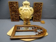 MODERN EASTERN & OTHER TREEN including a pair of floral panels, a shield cartouche, Gothic style