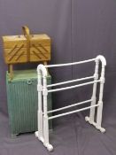 VINTAGE CANTILEVER SEWING BOX & CONTENTS, Lloyd Loom style linen basket and an Edwardian painted