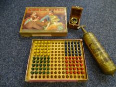 PYRENE BRASS FIRE EXTINGUISHER, Check Fives vintage board game and a boxed magnifier