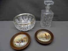FRAMED POT LIDS - ORIENTAL SCENES, a square glass decanter with stopper and a silver rimmed glass