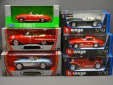 MINT & BOXED 1/18TH SCALE DIECAST VEHICLES by Burago (three), Road Signature Collection (two) and