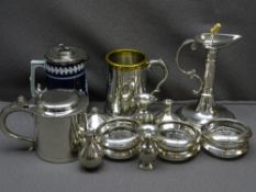 QUALITY MODERN PEWTER - six sterling silver mounted glass coasters, a period style lidded tankard