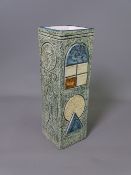 TROIKA CORNISH POTTERY RECTANGULAR VASE, 22cms H, incised geometric patterns, written Troika mark to